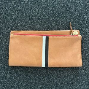Clare V Foldover Clutch / Pouch. Tan w/ Black & White Stripe On One Side.